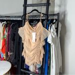 Oh Polly  Tie Shoulder Mesh Ruched Mini Dress in Sand Photo 1