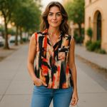 Mossimo Womens‎ Blouse Sz XL Black Purple Orange Tan Abstract Sleeveless Tank Photo 1