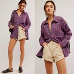 Free People Oversized Bohemian Grunge Fall Cardiff Plaid Swing Top Shirt Small Photo 3