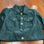 7 For All Mankind  Womens Faux Leather Gold Button Up Crop Jacket Green Size L Photo 2