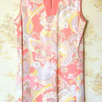 Vintage 60s 70s pink white floral paisley mod print satin sleeveless mini dress Size XL Photo 0