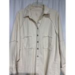 POL  Ivory Denim Jacket Frayed Raw Hem Star Applique Oversized Shacket L Photo 1