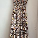 Tory Burch Reverie Smocked Shoulder Tie Brown Floral Print Summer Maxi Dress L Photo 1