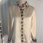 Bailey 44 XS Satin Blouse Geometric Trim Ivory Button Down Top Photo 0