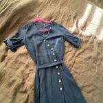 ZARA button down high slit short sleeve Navy Black midi dress S Photo 3