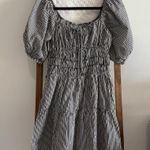 Elan  Black & Cream Pinstripe Puff Sleeve 100% Cotton Tiered Mini Dress Photo 0