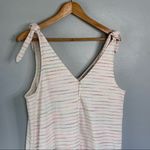 Loft  Bow Strap Button Front Linen Stripes Flounce Dress Ivory Multi-Color Medium Photo 6