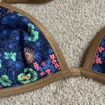 Aerie  Blue Floral Bikini Top With Gold Trim. Size Large Photo 3