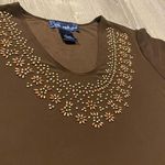 Susan Graver Brown & Gold Embellished | Sequined Short Bell Sleeve Top | Shirt Photo 2