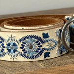 Lucky Brand  Embroidered Leather Belt Size M Boho Floral Cream Blue Western Photo 0