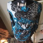 Chico's  teal and black leopard paisley long sleeve split neck 2/L blouse Photo 1