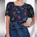 Ulla Johnson Joelle Poplin Puff Sleeve Midnight Blue Floral Top Blouse Size 0 XS Photo 2