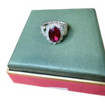 Adjustable Silver Tone Ring with Red Gemstone and Clear Accents Photo 0