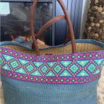 Merona Blue Straw Woven Tote Bag Colorful Embroidered Trim Beach Travel Photo 0