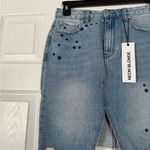 Neon Blonde Denim Skirt Star Details Distressed Hem NWT Blue Size 6 Photo 1