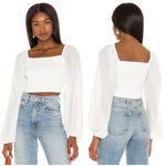 Camila Coelho  Revolve White Poesia Smocked Cropped Long Sleeve Blouse NWT Medium Photo 1