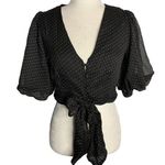 Peach Puff  Cropped Polka Dot Top S Black V Neck Buttons Tie Elastic Sleeve Photo 0
