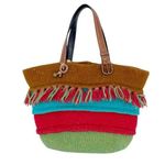 Vintage Wool Fringe Colorful Striped Bucket Tote Bag Purse Bohemian Southwestern Brown Photo 0