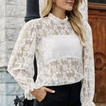 SheIn Coquette Sheer Lace Ruffle Mock Neck Long Sleeve Blouse Cream Small Photo 0