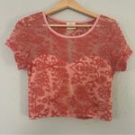 Urban Outfitters Pins & Needles Pink Coral Floral Lace Sheer Crop Top Large Photo 0