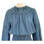 Michael Kors  Cotton Chambray Smocked Dress Blue Denim Ruffled Long Sleeve Sz XS Photo 4