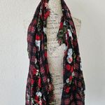 BCBGeneration  Red and Black Plaid Flower Scarf Long Neck Semi Sheer Scarf Photo 1