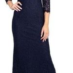 Adrianna Papell  Scalloped Lace Square Neck 3/4 Sleeve Back Navy Dress Photo 0