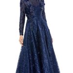 Mac Duggal Women’s Embellished Illusion Long Sleeve A-Line Gown Navy Sz 8- NWOT Photo 0