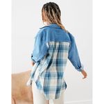 American Eagle NWOT Mix Denim Plaid Contrast Button Shirt Blue & Cream Size XS Photo 1