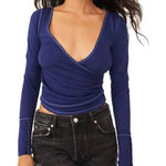 Free People Blouse Top Women's Medium Blue Penny Plunge Neck Stretch Ruched B55 Photo 0