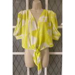 Tropical Mixed print puff sleeve tie front crop top neon green size medium Photo 2