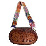 Vintage 1970s Tooled Leather Floral Crossbody Bag with Embroidered Strap Brown Photo 1