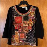 Laura Ashley  Black Multicolor Top Shirt Beaded Sequin Accents Petite Medium PM Photo 0
