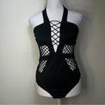 Essue  Black goth One Piece halter Swimsuit with Mesh Details size S NWT Photo 1
