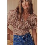 Free People Beatrice Floral Print Brown Lace Up Puff Sleeve Blouse Top Size S Photo 1