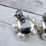 Vintage Clip On Earrings Extra Large Cream & Gold Tone Flower Like Statement Photo 5