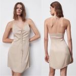 ZARA  Satin Ruched Beige Halter Tie Shift Mini Slip Dress Size‎ M NWT Photo 1