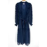 Moon River Navy Polka Dot Midi Dress Small Sheer Long Sleeve Ruffle Tie Belt Photo 3