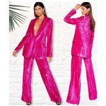 Nasty Gal Magenta Pink Crushed Velvet Blazer & Wide Leg Pants Set Size 2 Photo 14