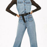 Forever 21 ‎ Sleeveless Frayed-Hem Blue Denim Button Up Jumpsuit Sz Small Photo 0