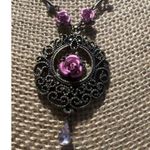 Antique Gold Bronze Color Necklace Metal Pink Roses Victorian Filagree Adj 17" Photo 1