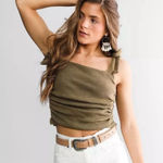Free People  Olive Green Ruched Cropped Tank Top Photo 0
