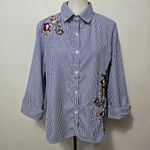 Roommates  Blue Striped Button-Down with Floral Embroidery Size Large Photo 0