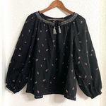 Old Navy Womens Shirt Black Floral Embroidered Poet Puff Sleeve Size Large Photo 0