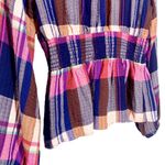Anthropologie Pilcro Plaid Peplum Smocked Waist Long Sleeve Top Pink Navy Small Photo 6