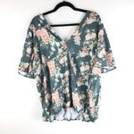 Bloomchic  Womens V-Neck Blouse Floral Short Sleeve Elastic Hem Green Pink 14-16 Photo 1