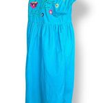 Vintage 90s Embroidered Turquoise Blue Pink Floral Folk Art Cotton Midi Dress Photo 2