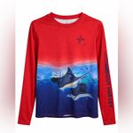 Guy Harvey Women’s Long Sleeve Performance Shirt – Red & Blue Marlin Graphic Photo 1