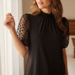 Anne Klein  Black Blouse with Sheer Polka Dot Sleeves Photo 0