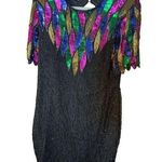 Vintage Stenay Mardi Gras 100% Silk Rainbow Sequins Shoulder Pads Party Dress Sz Black Size 12 Photo 0